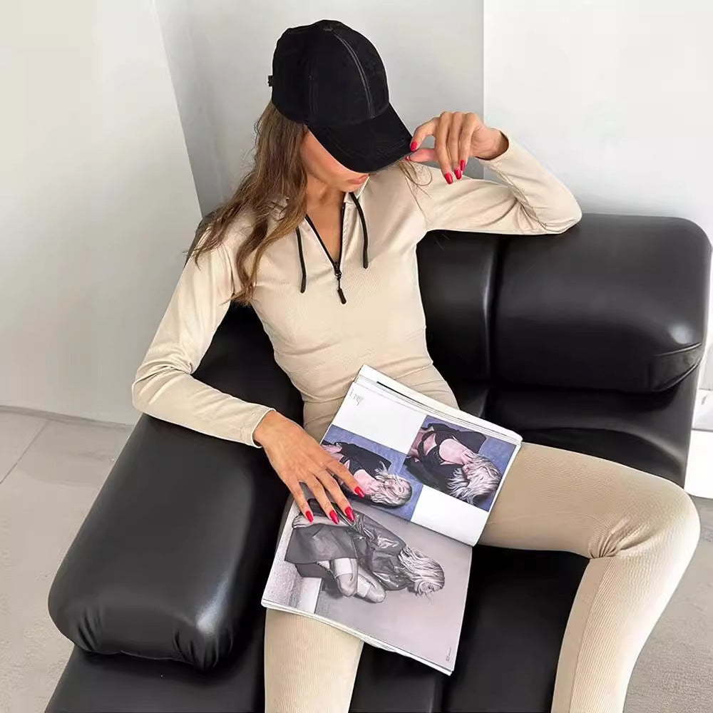 Women Ribbed Lounge Set with Half Zipper and High Waist Mune Fashion