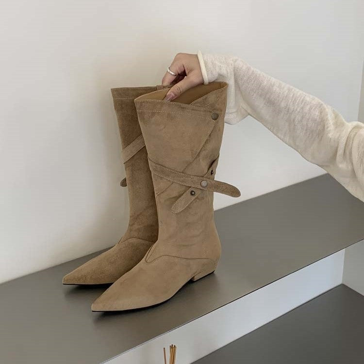 Women's Fashion Ankle Boots made of Suede with Wrap Design Mune Fashion