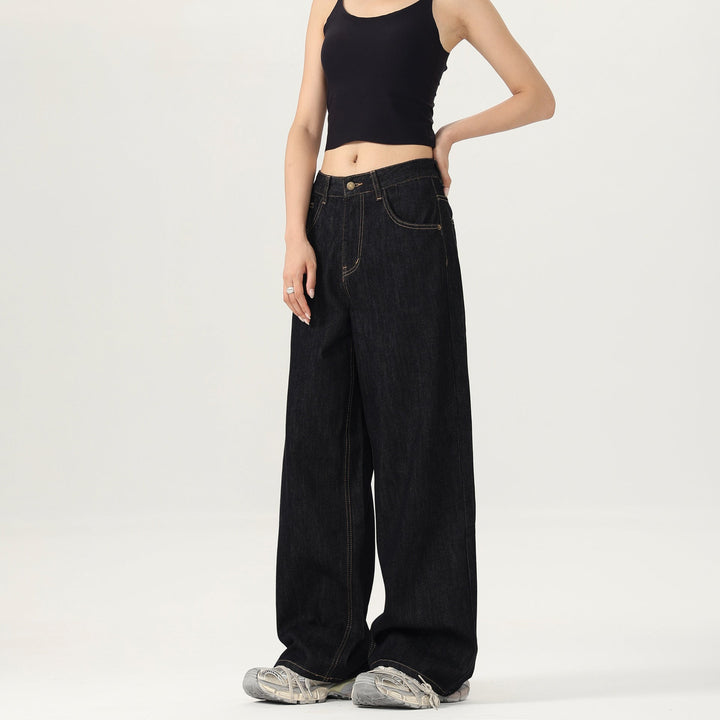 Women Wide Low-rise Baggy Denim Pants in Marlene Style with Contrast Stitching Mune Fashion