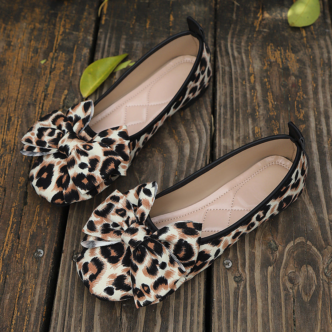 Women's Ballet Flats with Leopard Print and Playful Bow Detail