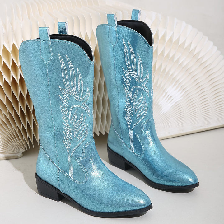 Women's Cowgirl Knee-High Boots with Decorative Embroidery, Pull-Tabs and Comfortable Block Heel Mune Fashion