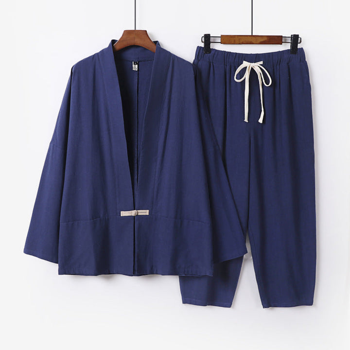 Unisex Casual Kimono Loungewear Set made of lightweight Linen Blend with Drawstring Pants Mune Fashion