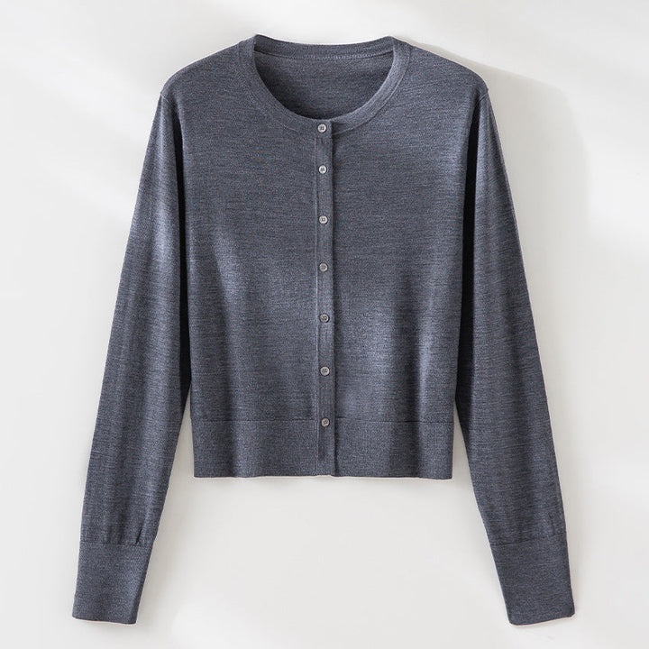 Women's light fine knit cardigan in cropped cut with round neck and continuous button placket Mune Fashion