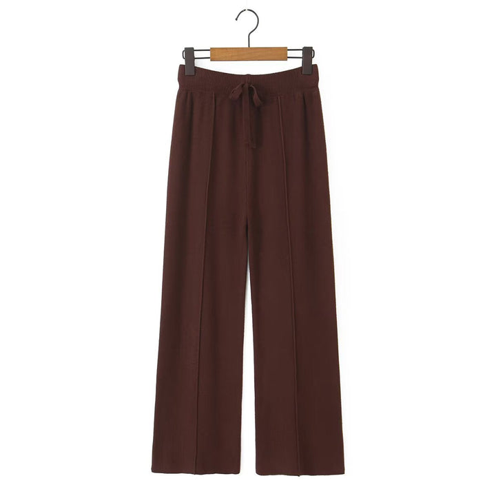 Women Wide Knit Trousers with Ribbed Waistband, Drawstring and Crease Mune Fashion