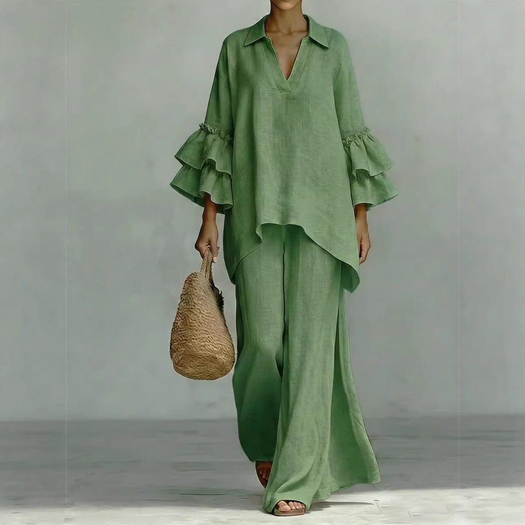 Ladies Linen Loungewear Set with Ruffle Sleeves and Wide Palazzo Pants Mune Fashion