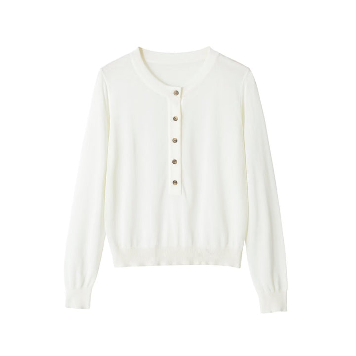 Ladies fine-knit henley pullover with button placket and ribbed hem Mune Fashion