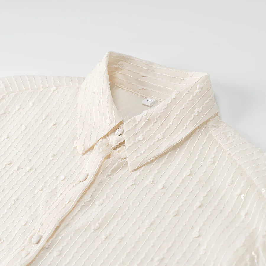 Women’s transparent chiffon blouse with fine tone-on-tone embroidery, shirt collar and full button placket Mune Fashion