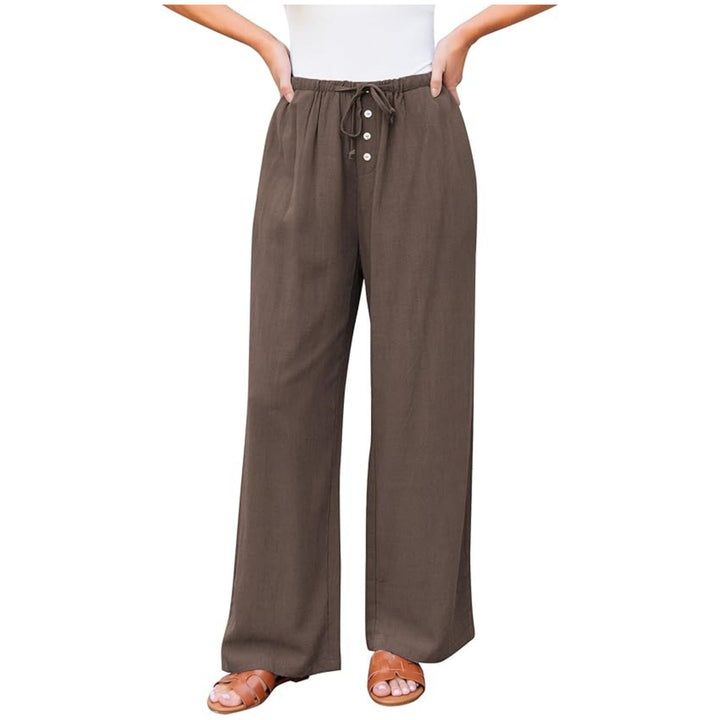 Women Linen-Look Pants with Wide Leg, Elastic Waist, Drawstring and Button Detail Mune Fashion