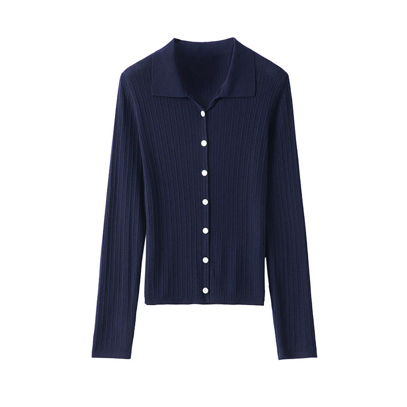 Women’s fine-knit cardigan with ribbed texture, button placket, and polo collar Mune Fashion