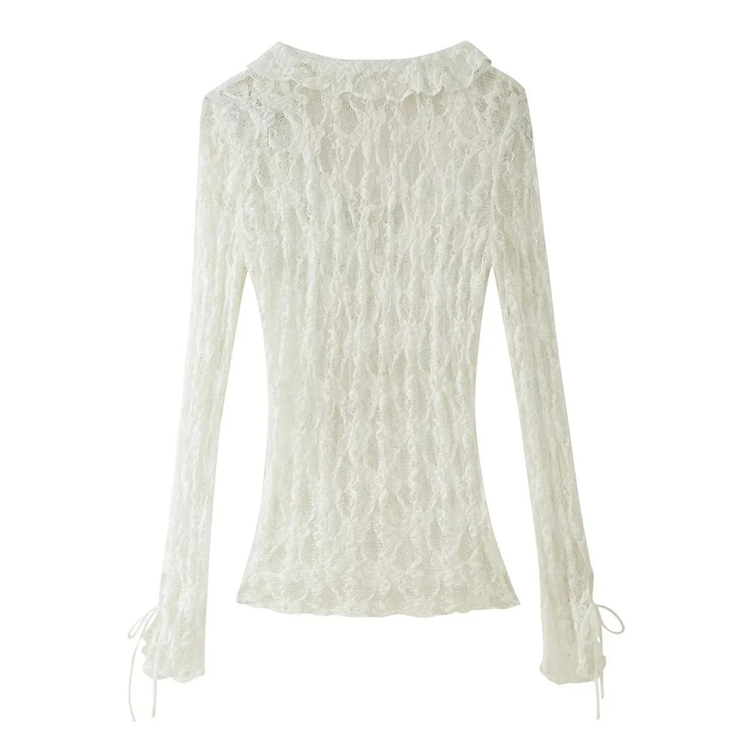 Women's lace blouse with deep V neckline, ruffled front and bell sleeves with tie bands Mune Fashion