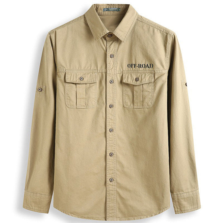 Men's classic safari field shirt with ventilation eyelets, sleeve elevator, and double flap chest pockets.