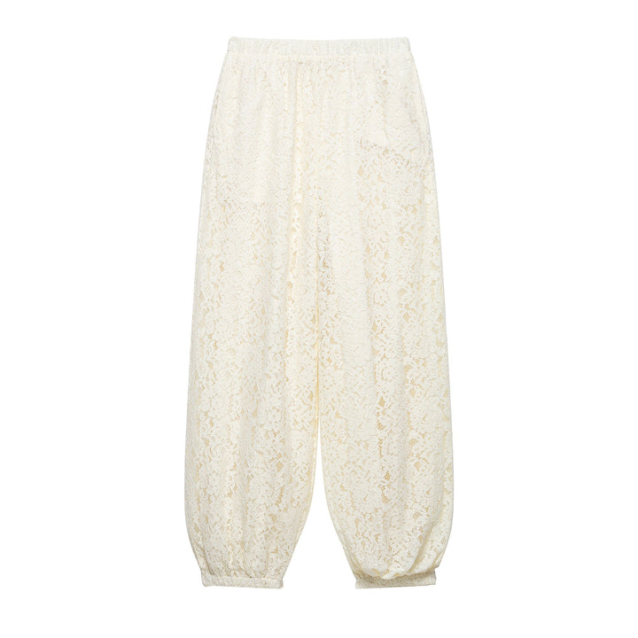 Ladies lace harem pants with wide leg, elastic waistband and gathered cuffs Mune Fashion