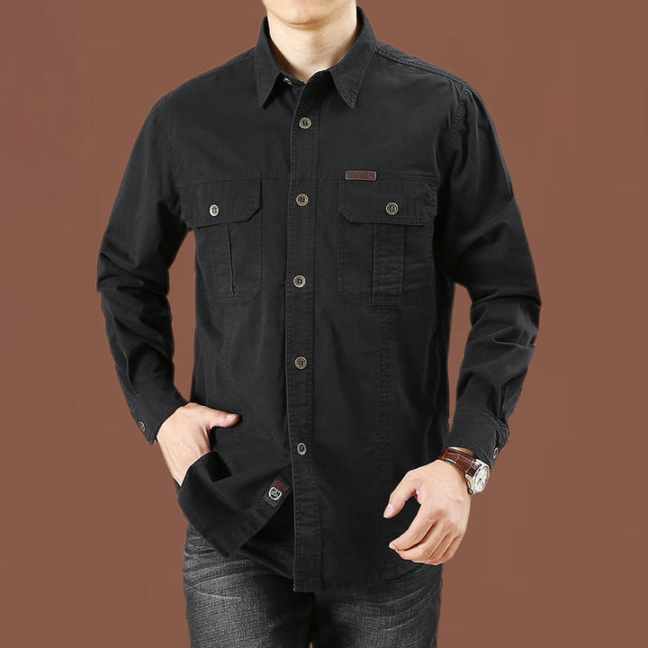Men's urban worker shirt made of washed cotton twill with double chest pockets and contrast stitching.