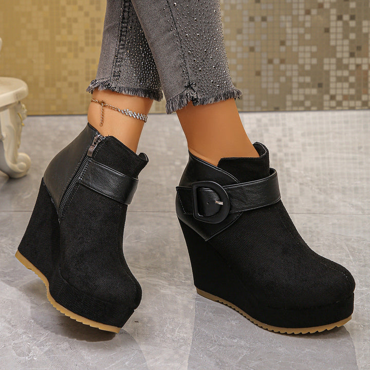 Women's Fashion Wedge Ankle Boots with Zipper and Buckle Detail Mune Fashion