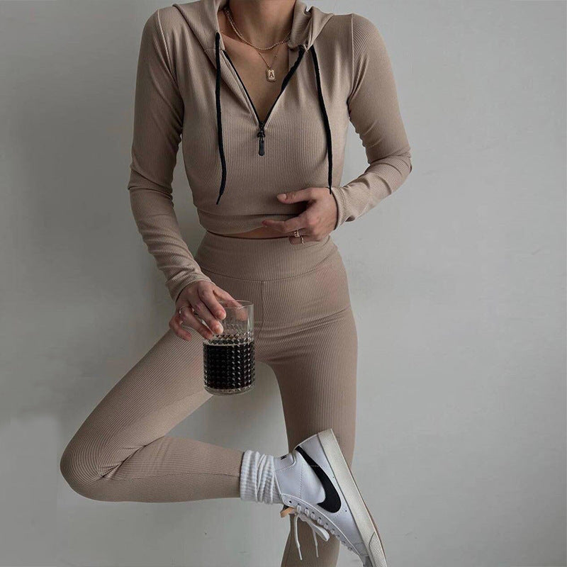 Women Ribbed Lounge Set with Half Zipper and High Waist Mune Fashion
