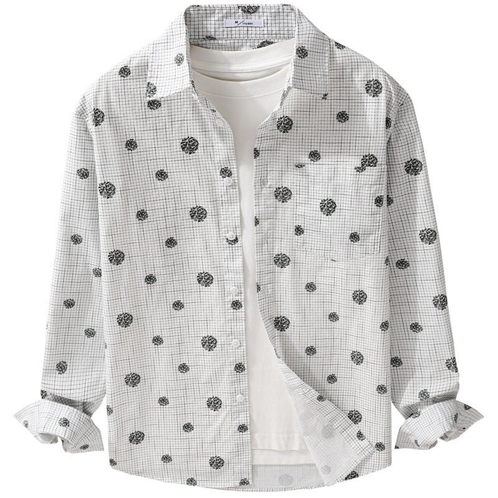 Men's lightweight long sleeve overshirt in shirt jacket style with fine check pattern and floral all-over Mune Fashion