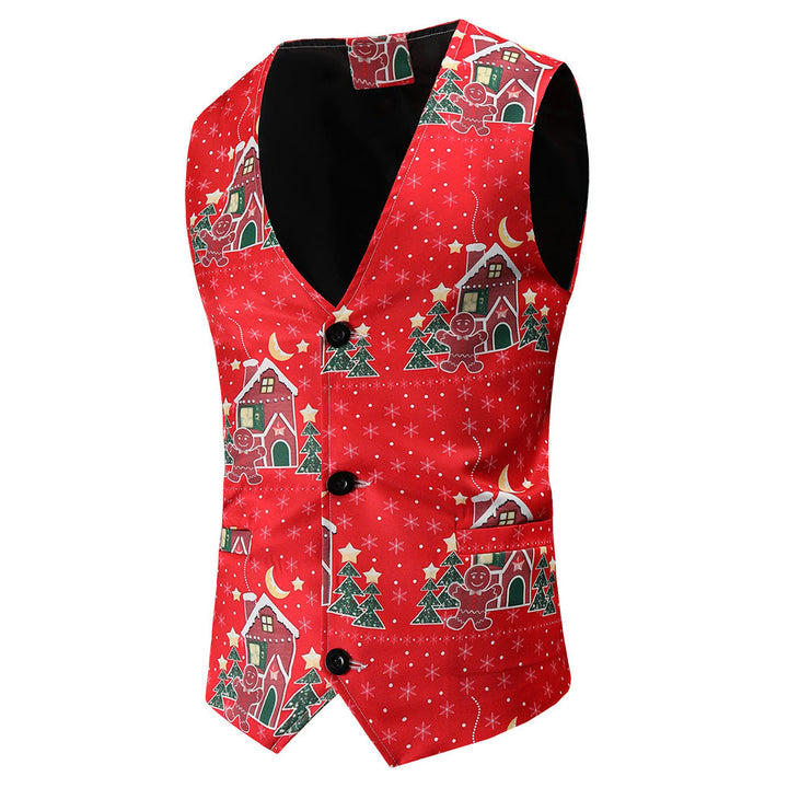 Men's Festive Satin Waistcoat with Christmas Design, Tailored Fit and V-Neck Mune Fashion