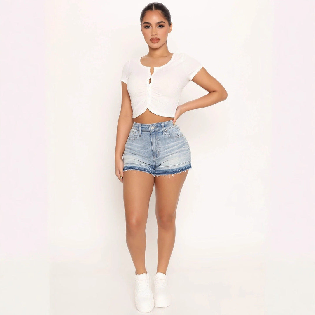Women's Denim Shorts with Frayed Hem and High Waist