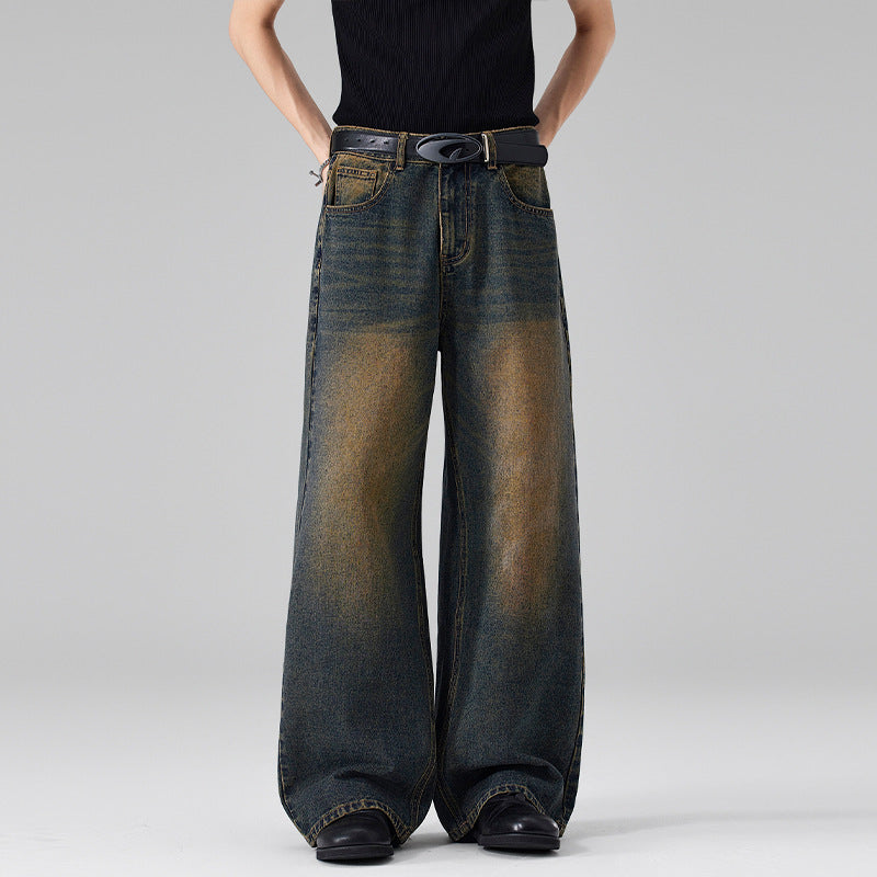 Women Ultra Wide Floor-Length Denim Palazzo Pants with Sculptural Width and Soft Bleach Accents Mune Fashion