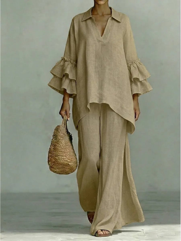 Ladies Linen Loungewear Set with Ruffle Sleeves and Wide Palazzo Pants Mune Fashion