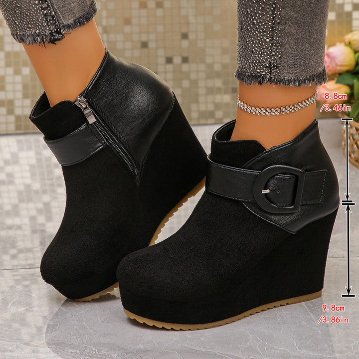 Women's Fashion Wedge Ankle Boots with Zipper and Buckle Detail Mune Fashion