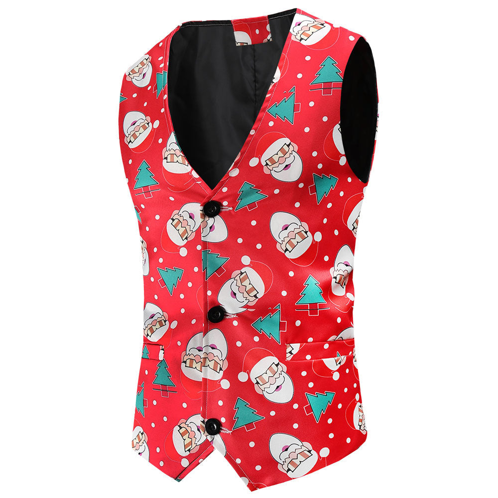 Men's Festive Satin Waistcoat with Christmas Design, Tailored Fit and V-Neck Mune Fashion