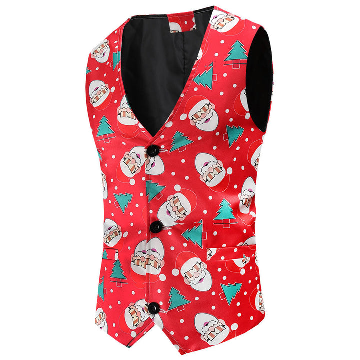 Men's Festive Satin Waistcoat with Christmas Design, Tailored Fit and V-Neck Mune Fashion