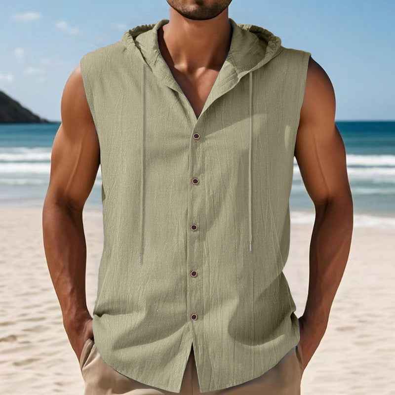 Men's sleeveless hooded shirt in linen look with wooden button placket Mune Fashion