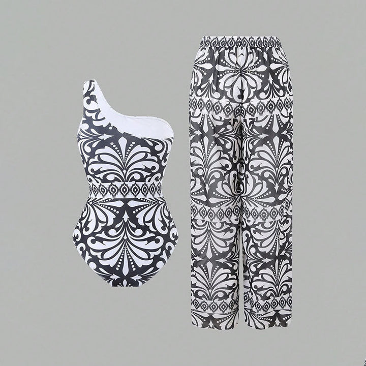 Ladies' One-Piece Swimsuit with Elegant Asymmetrical Design and Matching Pants Mune Fashion