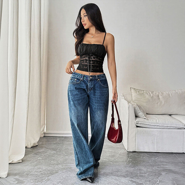 Ladies Wide Stonewashed Jeans with Low Waist and Palazzo Leg Mune Fashion
