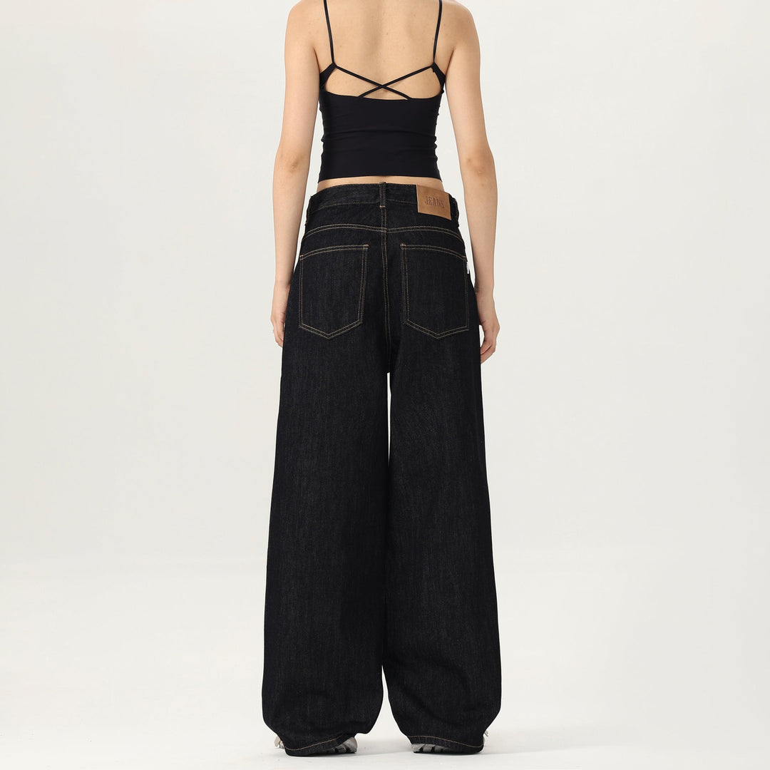 Women Wide Low-rise Baggy Denim Pants in Marlene Style with Contrast Stitching Mune Fashion
