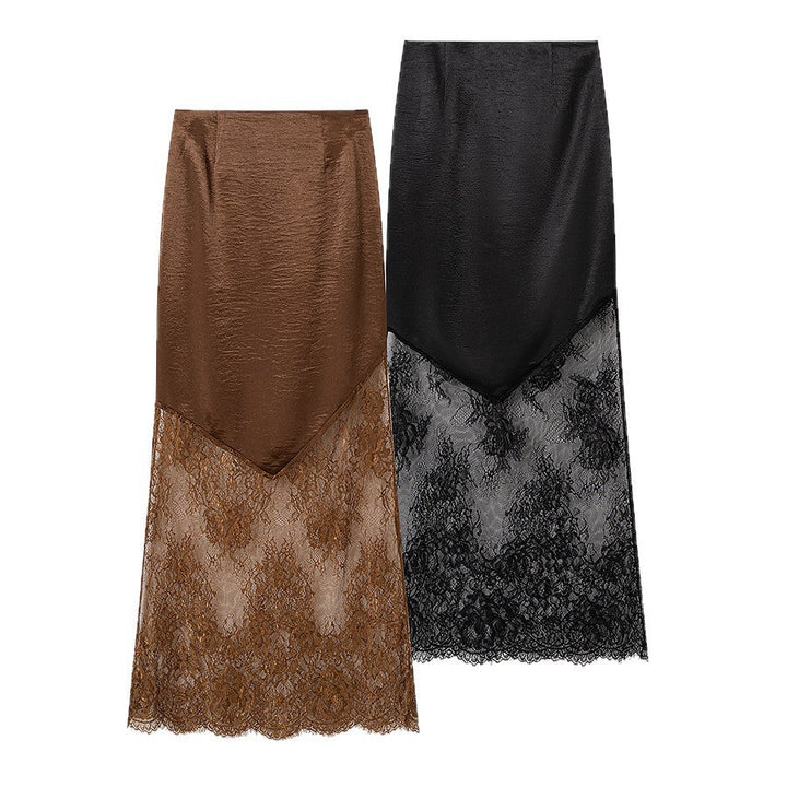 Women’s midi skirt made of satin with pointed front and transparent lace trim Mune Fashion