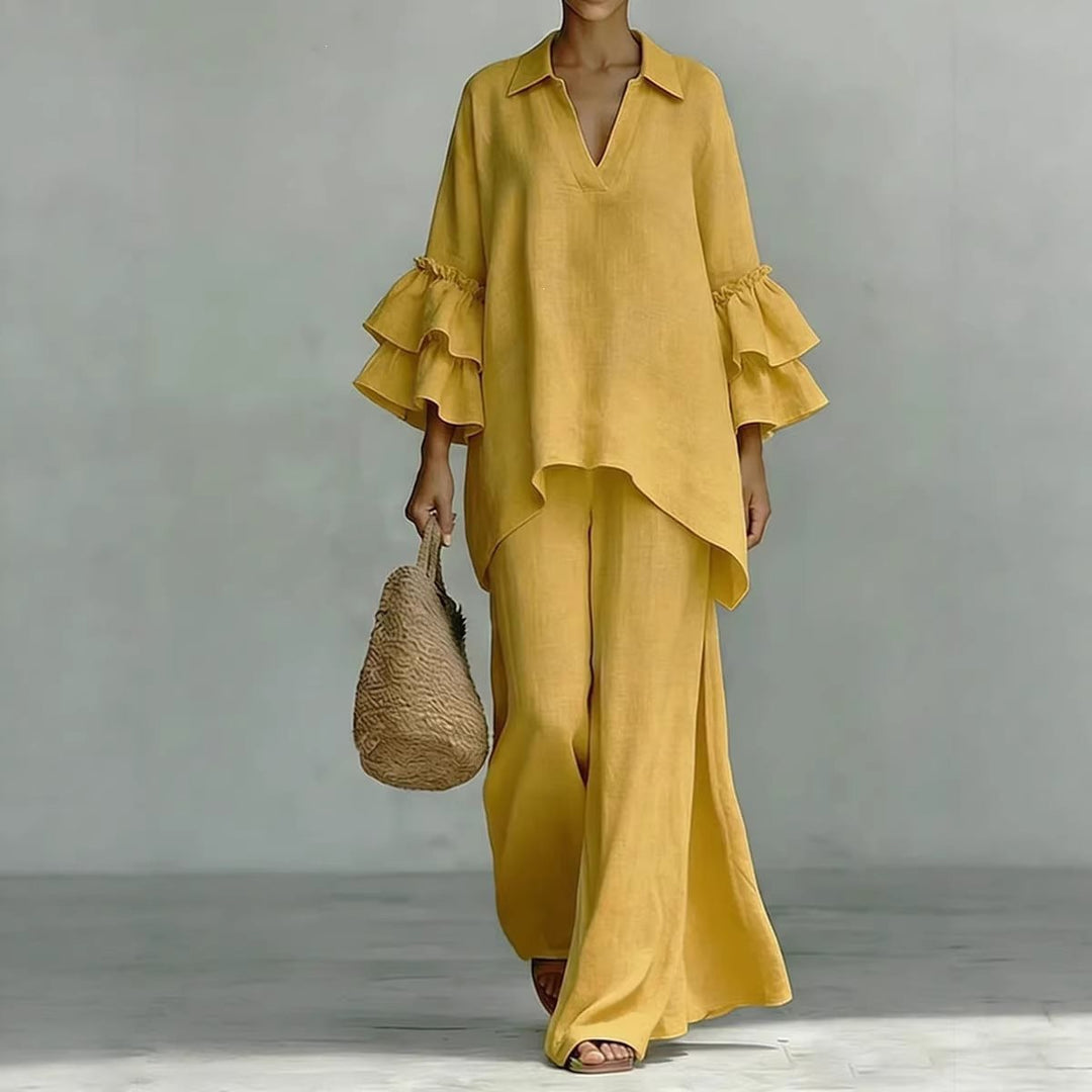 Ladies Linen Loungewear Set with Ruffle Sleeves and Wide Palazzo Pants Mune Fashion