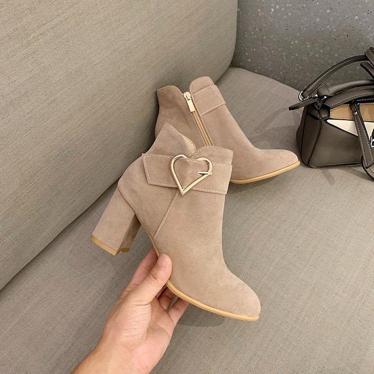 Ladies Elegant Block Heel Ankle Boots with Heart Details Mune Fashion