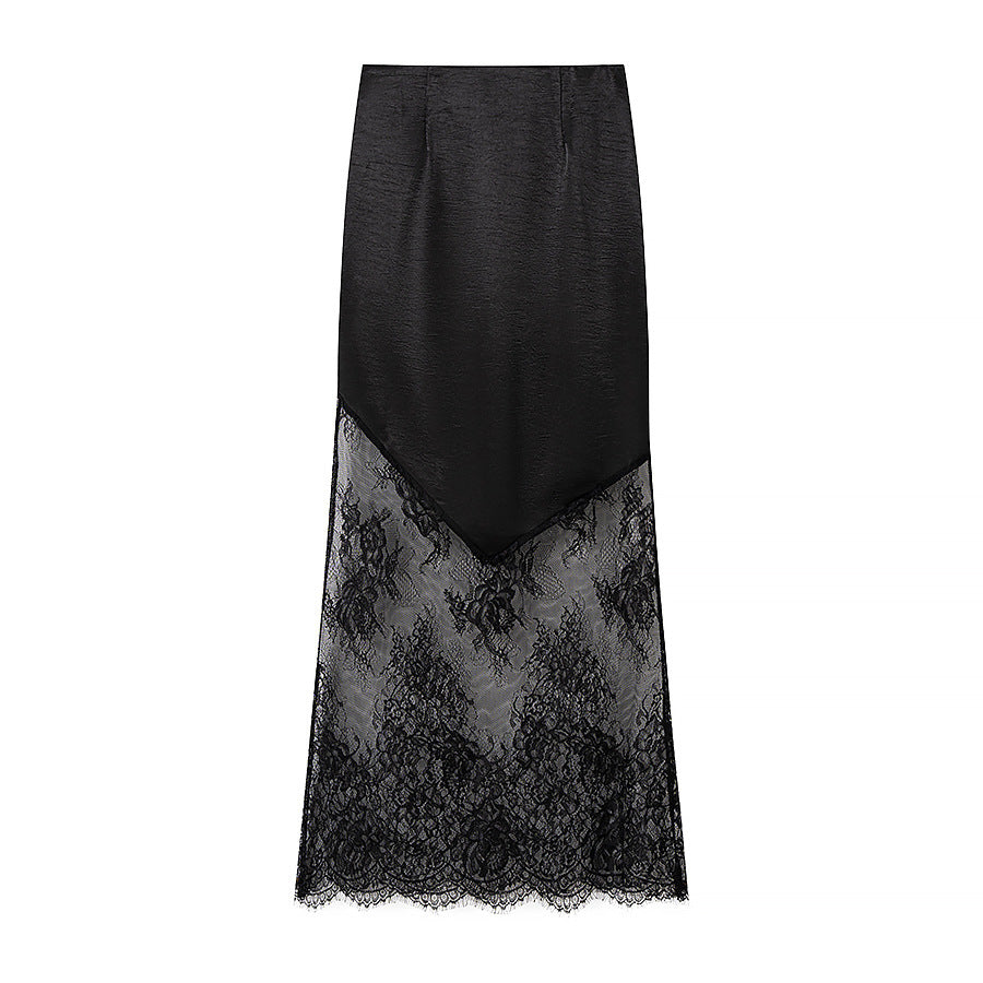 Women’s midi skirt made of satin with pointed front and transparent lace trim Mune Fashion