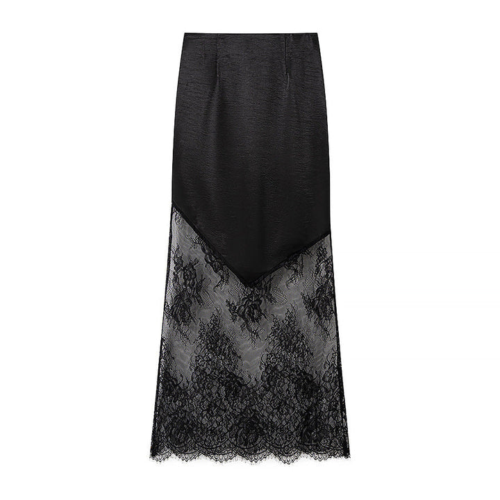Women’s midi skirt made of satin with pointed front and transparent lace trim Mune Fashion