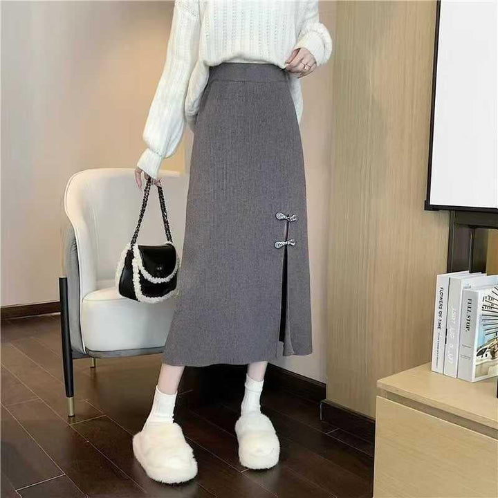Ladies Elegant Knitted Skirt with Slit and Bow Details Mune Fashion