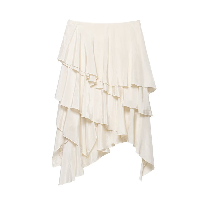 Women's Asymmetrical Tiered Skirt with Ruffles and Flowing Satin Fall Mune Fashion
