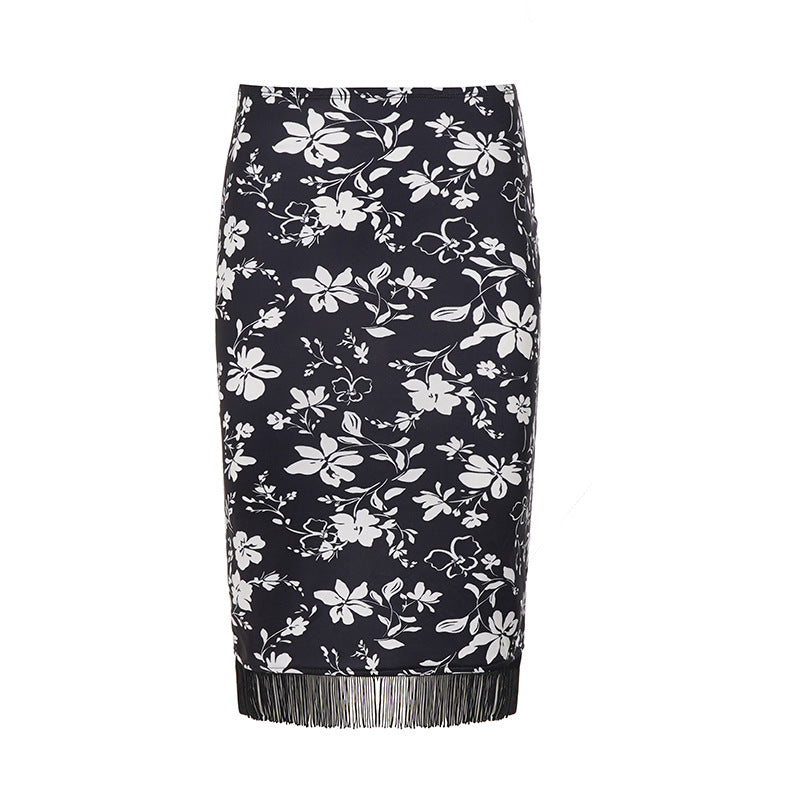 Women Midi Skirt Pencil Skirt with Floral Print and Fringe Trim Mune Fashion