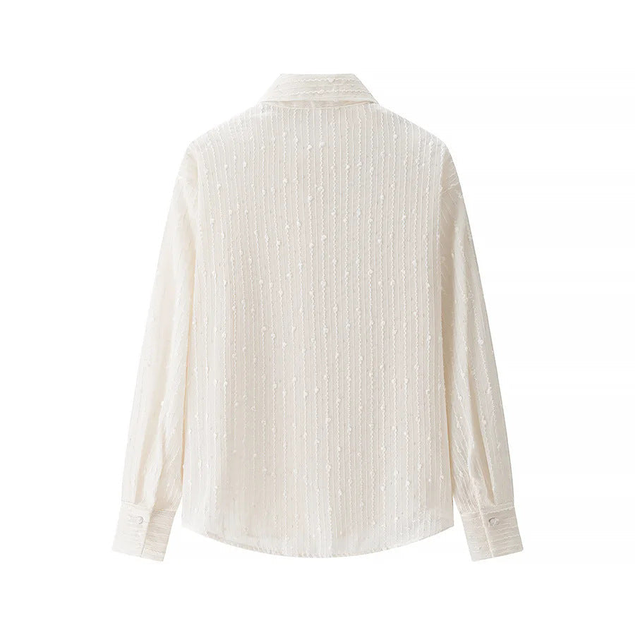 Women’s transparent chiffon blouse with fine tone-on-tone embroidery, shirt collar and full button placket Mune Fashion