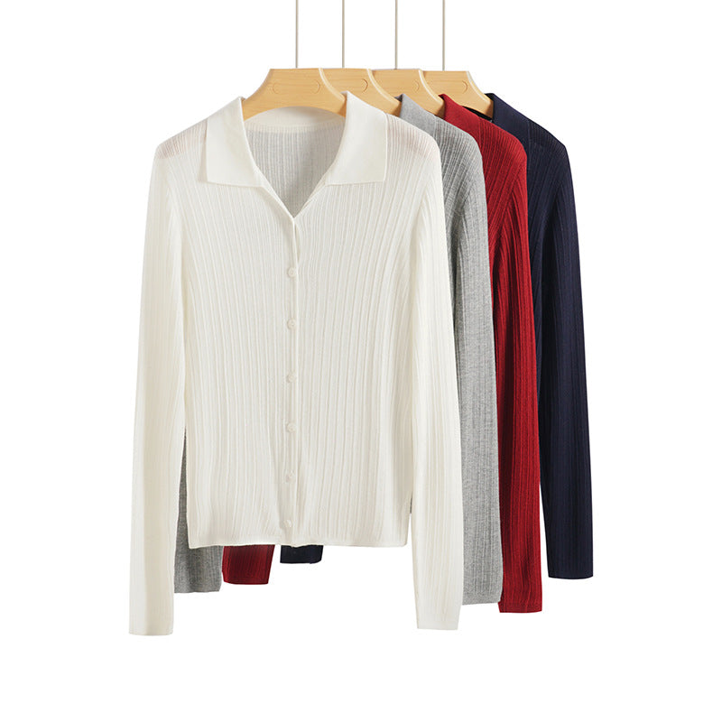 Women’s fine-knit cardigan with ribbed texture, button placket, and polo collar Mune Fashion