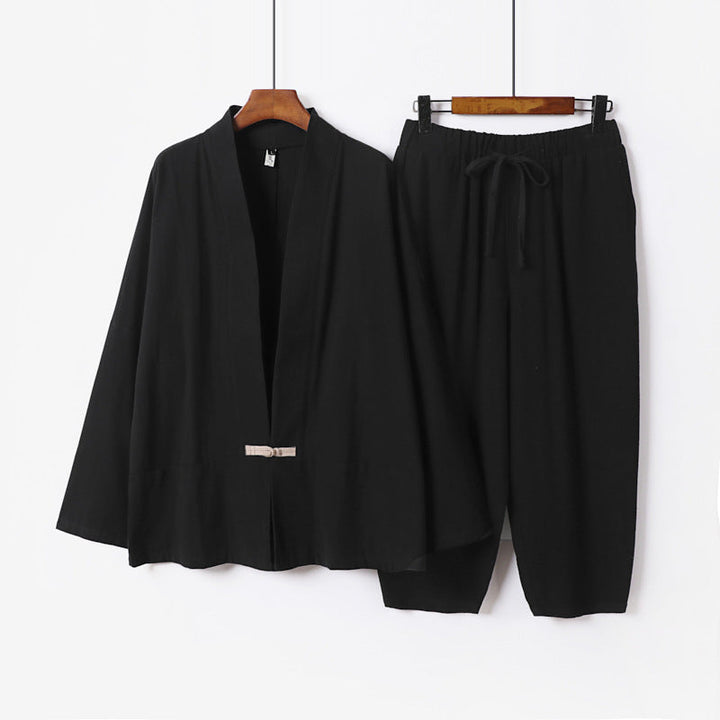 Unisex Casual Kimono Loungewear Set made of lightweight Linen Blend with Drawstring Pants Mune Fashion
