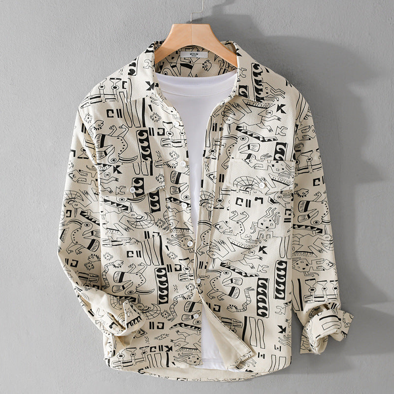 Men's Lightweight Cotton Overshirt with Artistic Line Print and Double Chest Pocket Mune Fashion
