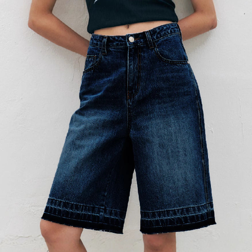 Women's High-Waisted Wide-Leg Denim Shorts with Textured Finish