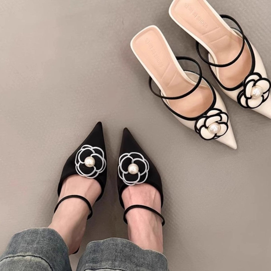 Women's pointed toe mule slippers with floral ornament and delicate strap guidance Mune Fashion