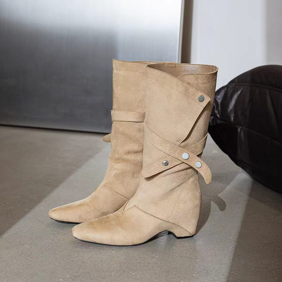 Women's Fashion Ankle Boots made of Suede with Wrap Design Mune Fashion