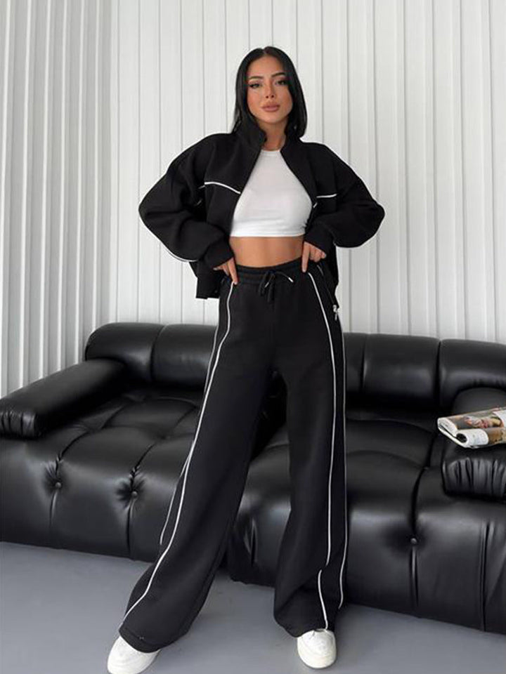 Women's casual sweatset with stand-up collar zip cropped jacket and high-waisted flared pants Mune Fashion