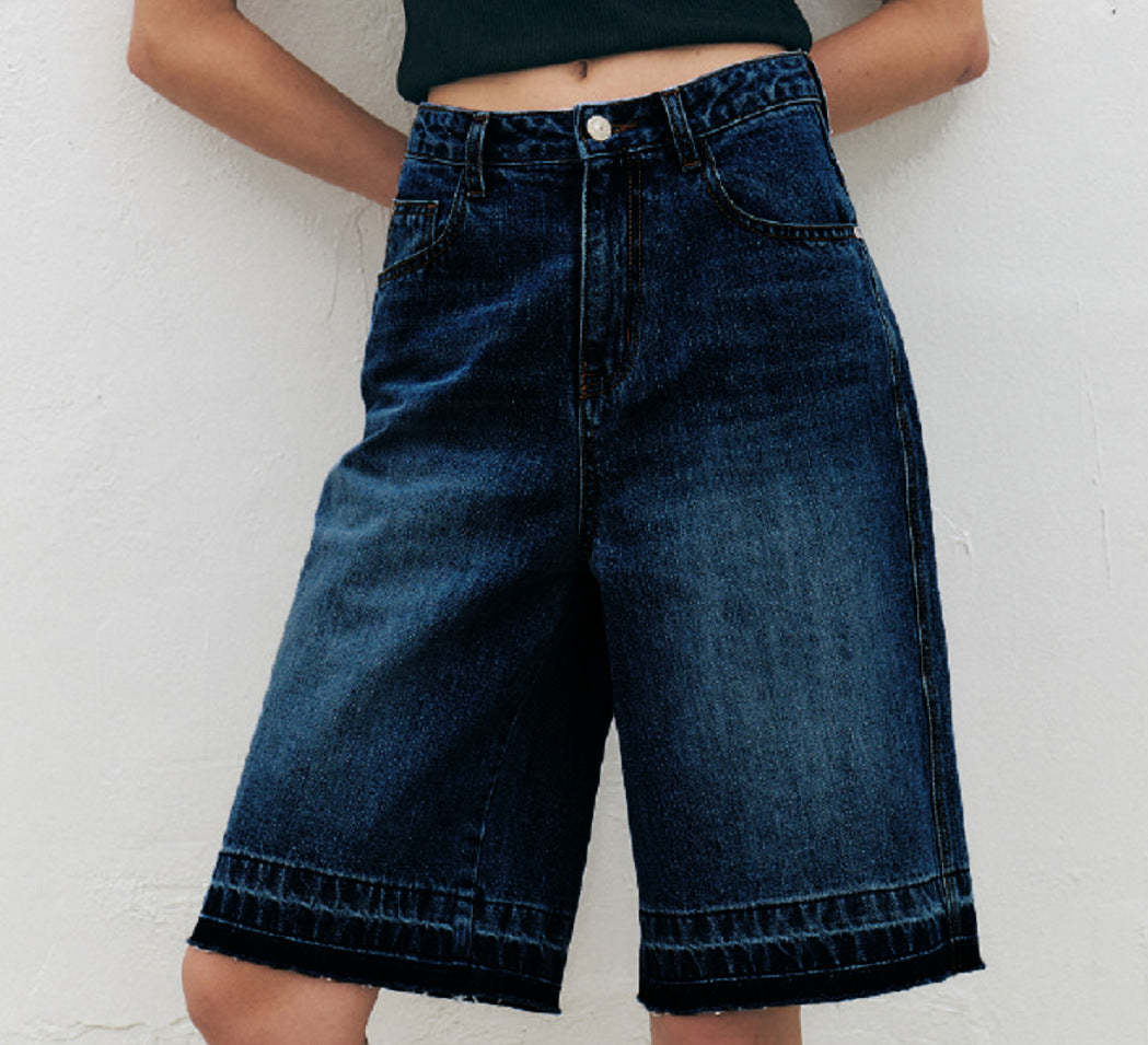 Women's High-Waisted Wide-Leg Denim Shorts with Textured Finish