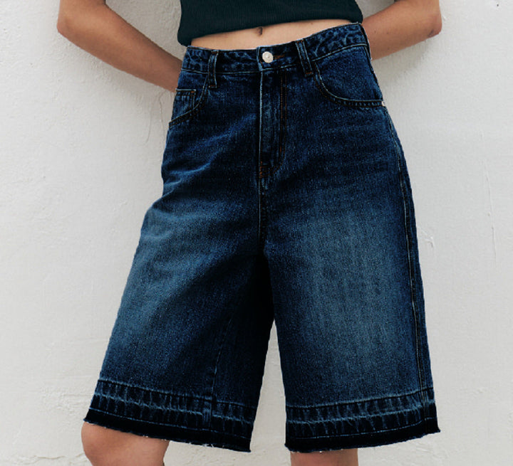 Women's High-Waisted Wide-Leg Denim Shorts with Textured Finish