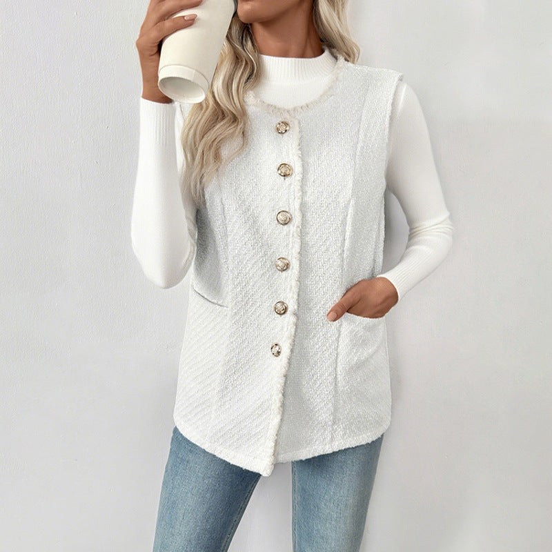 Women's Boucle Vest with Decorative Buttons, Fringe Trim and Pockets Mune Fashion